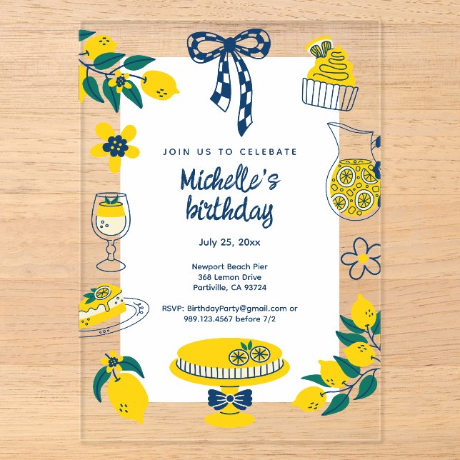 Invitations En Acrylique Fête d'anniversaire Citron Jaune Main Squeeze (Recto)
