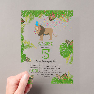 Invitations En Acrylique Fête d'anniversaire d'animaux de la jungle au lion