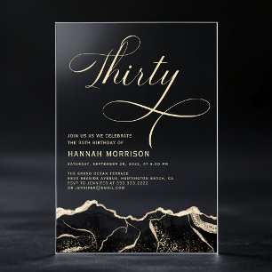 Invitations En Acrylique Fête d'anniversaire de 30 ans Black Gold Agate