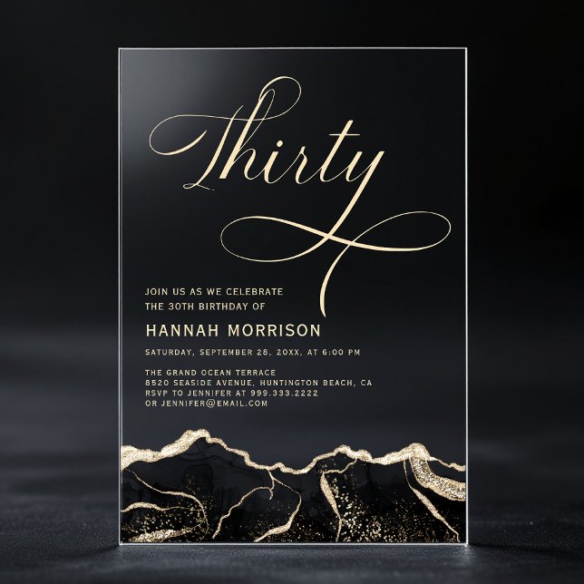 Invitations En Acrylique Fête d'anniversaire de 30 ans Black Gold Agate  (Créateur téléchargé)