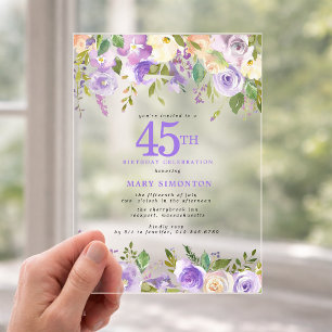 Invitations En Acrylique Fête d'anniversaire de 45 ans aux fleurs violettes