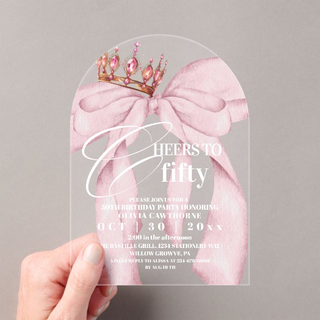 Invitations En Acrylique Fête d'anniversaire de 50 ans avec un ruban rose  (In situ (ordinateur de poche))