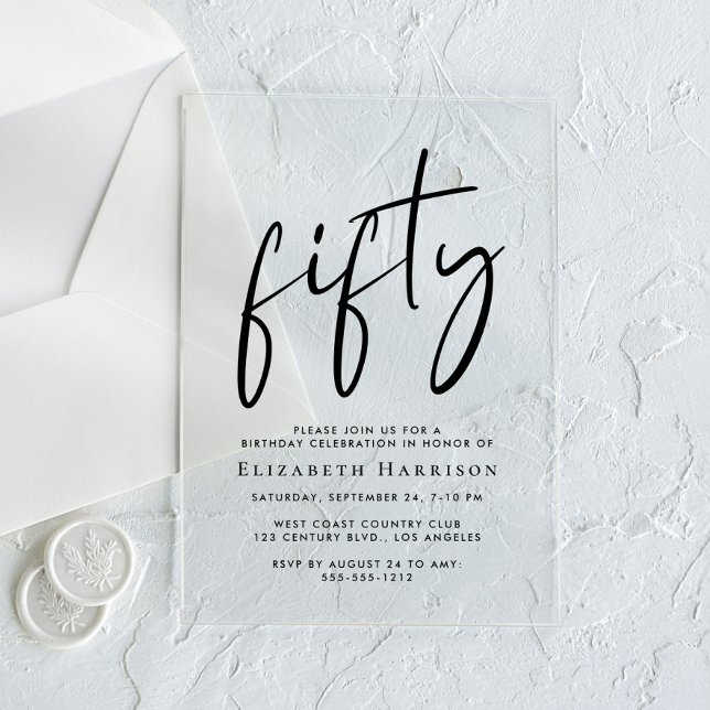 Invitations En Acrylique Fête d'anniversaire de 50 ans Chic Script (Créateur téléchargé)
