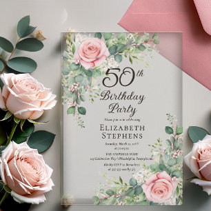 Invitations En Acrylique Fête d'anniversaire de 50 ans Rose Eucalyptus Blus