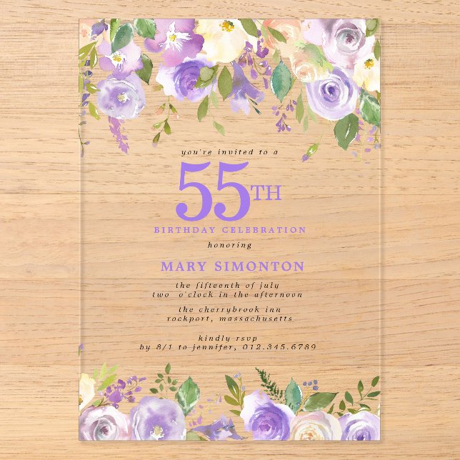 Invitations En Acrylique Fête d'anniversaire de 55 ans CLEAR ACRYLIC Fleurs (Recto)