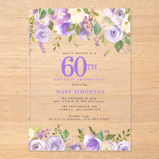 Invitations En Acrylique Fête d'anniversaire de 60 ans CLEAR ACRYLIC Fleurs (Recto)