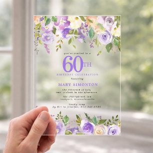 INVITATIONS EN ACRYLIQUE FÊTE D'ANNIVERSAIRE DE 60 ANS FLEURS VIOLETTES EN 