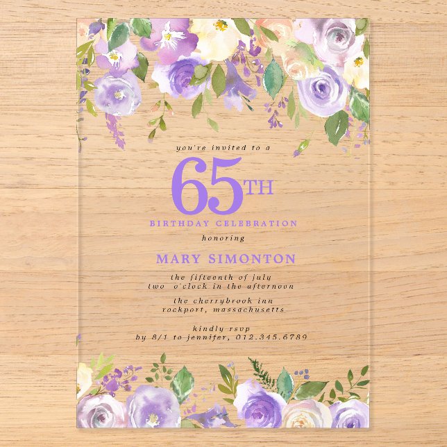 Invitations En Acrylique Fête d'anniversaire de 65 ans CLEAR ACRYLIC Fleurs (Recto)