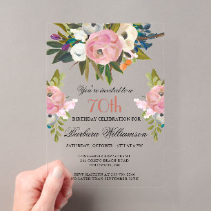 Invitations En Acrylique Fête d'anniversaire de 70 ans avec fleurs peintes