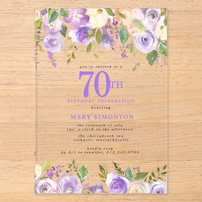 Invitations En Acrylique Fête d'anniversaire de 70 ans CLEAR ACRYLIC Fleurs (Recto)