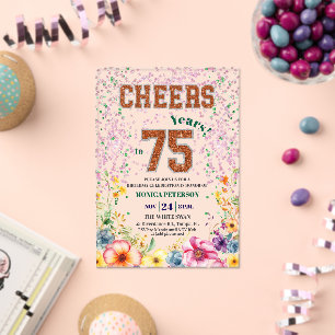 Invitations En Acrylique Fête d'anniversaire de 75 ans à fleurs avec paille