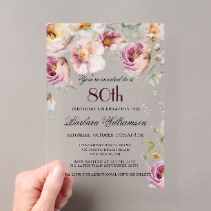 Invitations En Acrylique Fête d'anniversaire de 80 ans aux fleurs sauvages