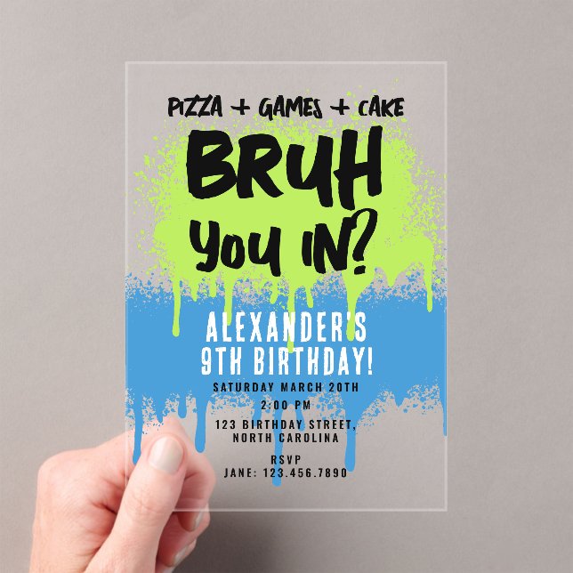 Invitations En Acrylique Fête d'anniversaire de Bruh Boy Neon Graffiti Vert (In situ (ordinateur de poche))