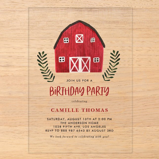 Invitations En Acrylique Fête d'anniversaire de ferme rustique à l'aquarell (Recto)