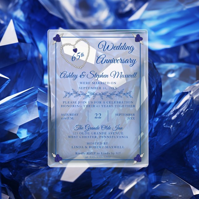 Invitations En Acrylique Fête d'anniversaire de mariage de 65 ans Blue Spin (Elegant Blue Spinel Diamond 65th Wedding Anniversary Party Acrylic Invitation)