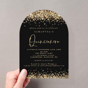 Invitations En Acrylique Fête d'anniversaire de Quinceanera noire avec pail