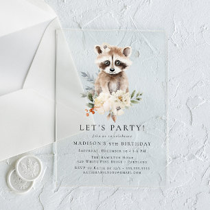 Invitations En Acrylique Fête d'anniversaire de raton laveur aquarelle mign