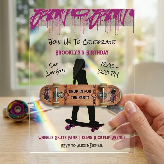 Invitations En Acrylique Fête d'anniversaire de skateboard d'une adolescent (Unique skater girl birthday invitation on clear acrylic with edgy purple graffiti drips)