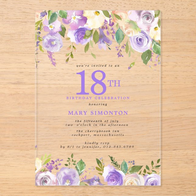 Invitations En Acrylique Fête d'anniversaire des 18 ans CLEAR ACRYLIC Fleur (Recto)