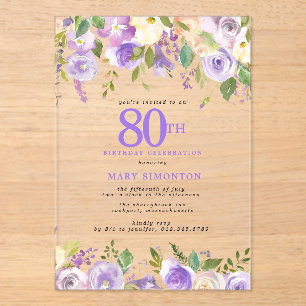 Invitations En Acrylique Fête d'anniversaire des 80 ans Fleurs violettes en