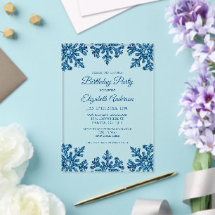 Invitations En Acrylique Fête d'anniversaire d'hiver flocon de neige bleu
