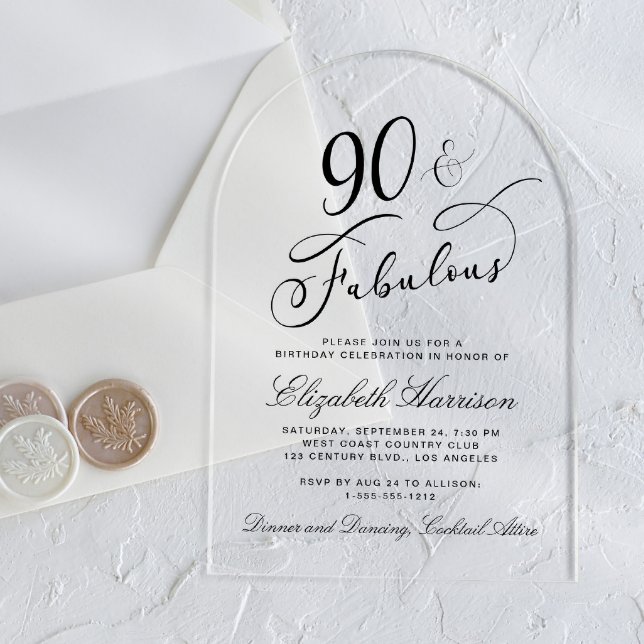 Invitations En Acrylique Fête d'anniversaire élégante de 90 ans (Créateur téléchargé)
