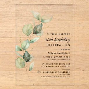 Invitations En Acrylique Fête d'anniversaire élégante Eucalyptus 80 ans