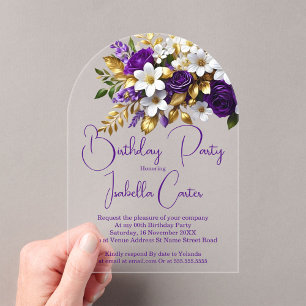 Invitations En Acrylique Fête d'anniversaire élégante fleurs violet blanc o
