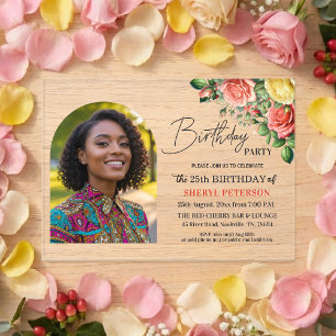 Invitations En Acrylique Fête d'anniversaire élégante florale avec photo 25