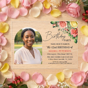 Invitations En Acrylique Fête d'anniversaire élégante florale avec photo 42