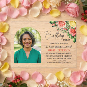 Invitations En Acrylique Fête d'anniversaire élégante florale avec photo 65