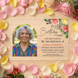 Invitations En Acrylique Fête d'anniversaire élégante florale avec photo 76