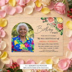 Invitations En Acrylique Fête d'anniversaire élégante florale avec photo 95