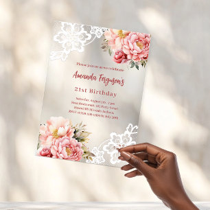 Invitations En Acrylique Fête d'anniversaire en dentelle florale pêche rose