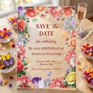 Invitations En Acrylique Fête d'anniversaire fleurie colorée 45e Save the D