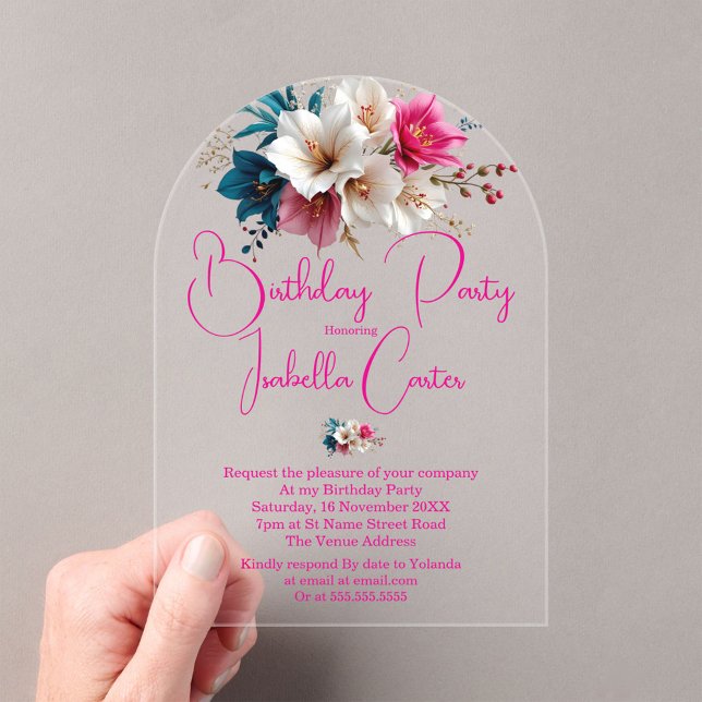 Invitations En Acrylique Fête d'anniversaire Fleurs Blanches Bleues Roses (Créateur téléchargé)