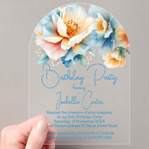 Invitations En Acrylique Fête d'anniversaire Fleurs Bleues Jaunes Blanches