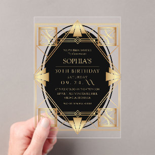 Invitations En Acrylique Fête d'anniversaire Gatsby Art Déco