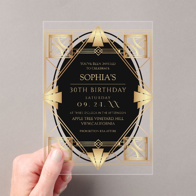 Invitations En Acrylique Fête d'anniversaire Gatsby Art Déco (In situ (ordinateur de poche))