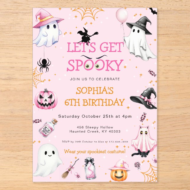 Invitations En Acrylique Fête d'anniversaire Halloween rose (Recto)