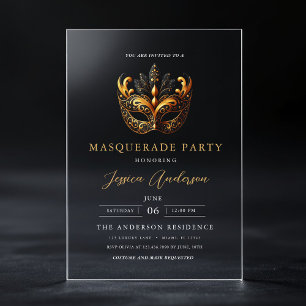 Invitations En Acrylique Fête d'anniversaire masquée élégante en or