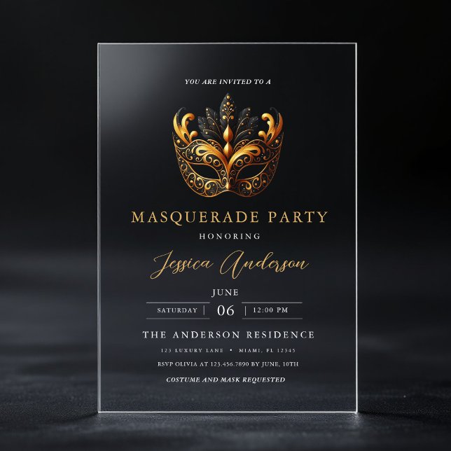 Invitations En Acrylique Fête d'anniversaire masquée élégante en or (Créateur téléchargé)
