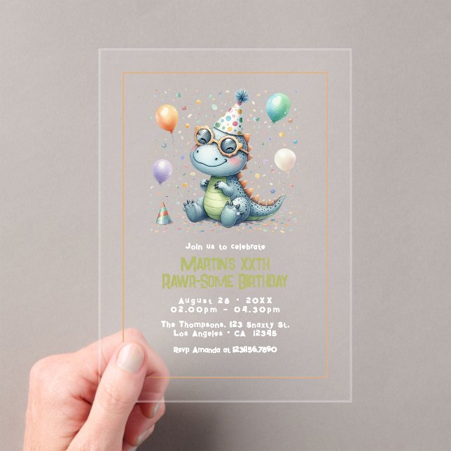 Invitations En Acrylique Fête d'anniversaire moderne de dinosaure Trois-Rex (In situ (ordinateur de poche))