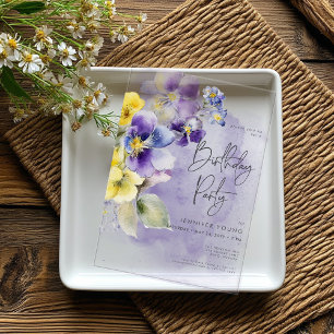 Invitations En Acrylique Fête d'anniversaire moderne florale violet et jaun
