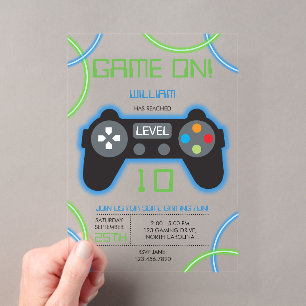 Invitations En Acrylique Fête d'anniversaire néon bleu et vert de jeu vidéo