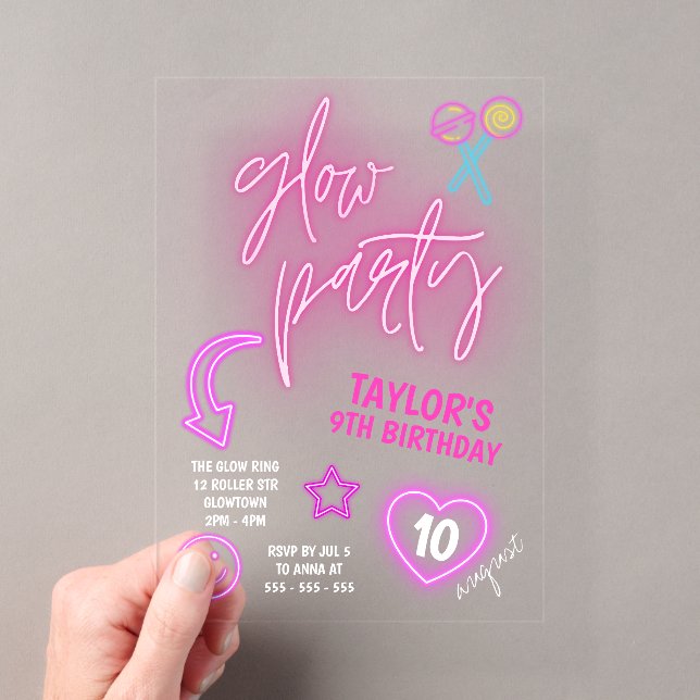 Invitations En Acrylique Fête d'anniversaire Neon Rose Glow (In situ (ordinateur de poche))