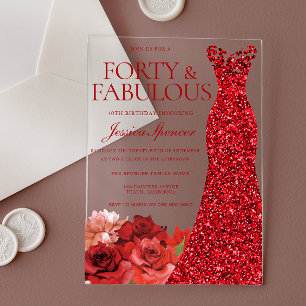 Invitations En Acrylique Fête d'anniversaire quarante ans Floral Rouge Quar