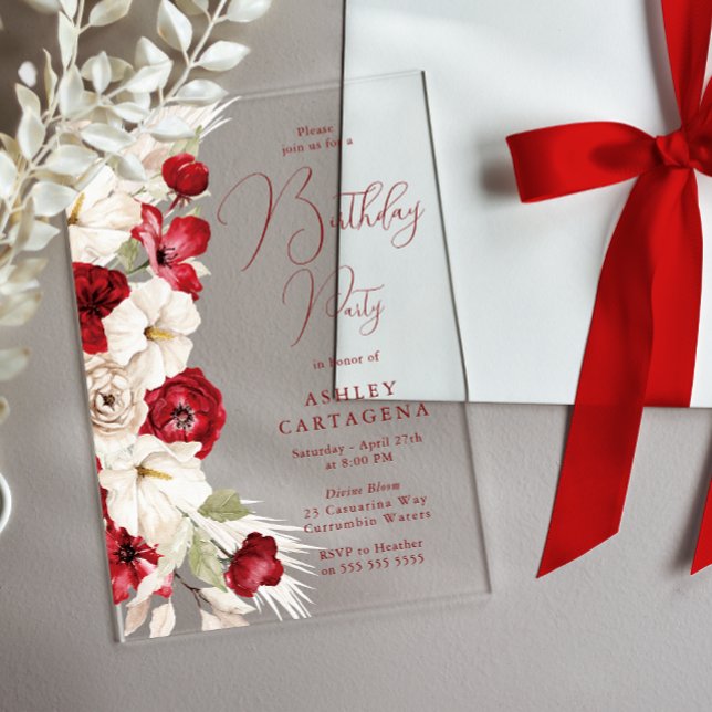 Invitations En Acrylique Fête d'Anniversaire Rouge & Blanc Floral (Créateur téléchargé)