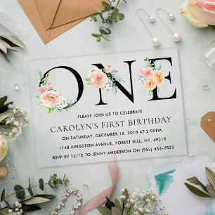 Invitations En Acrylique Fête d'anniversaire Simply Elegant Floral ONE 1 an