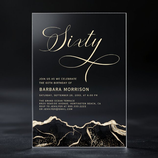 Invitations En Acrylique Fête d'anniversaire soixante ans Black Gold Agate (Créateur téléchargé)